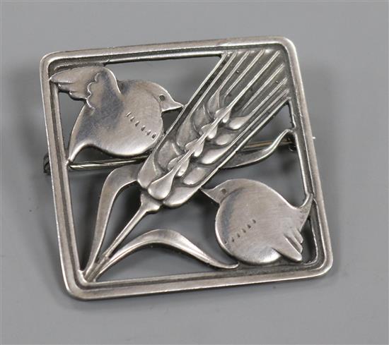 A Danish Georg Jensen sterling silver two robins and wheatsheaf  brooch, no. 250, 36mm.